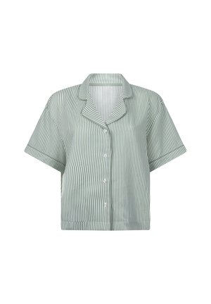 Short-sleeve, collared shirt in light green with white vertical stripes. Features a button-down front and relaxed fit. Smooth fabric texture.