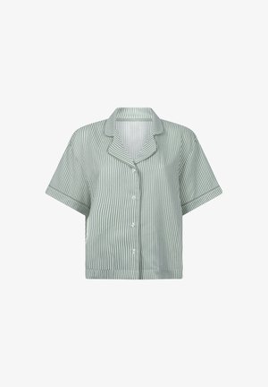 Short-sleeve, collared shirt in light green with white vertical stripes. Features a button-down front and relaxed fit. Smooth fabric texture.