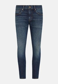 Jeans in denim slim fit di colore blu scuro, con design a cinque tasche, cuciture a contrasto e chiusura con bottone in vita.