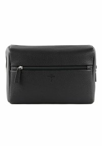 Czarna skórzana kosmetyczka o teksturowanej powierzchni, prostokątnym kształcie i przedniej kieszeni na zamek błyskawiczny. Posiada subtelne wytłoczone logo.
