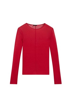 Rød langærmet tynd mesh-top med rund halsudskæring, lige kant og synlig central søm ned foran.