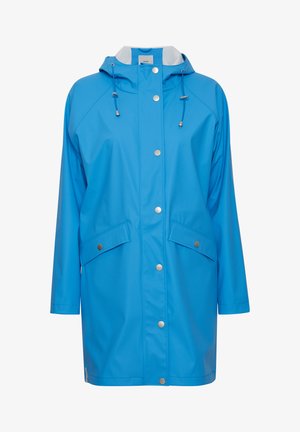 Imperméable bleu en matériau imperméable, doté d'une capuche, de boutons en métal argenté et de deux poches avant avec rabats.