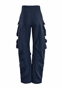 Navy blue cargo pants with an elastic waistband, featuring gathered side details, two back pockets, and a wide-leg design.