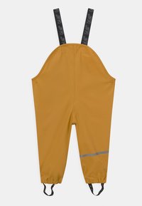 Vanntett overall i sennepsgult, med svarte justerbare stropper med logo, elastiske mansjetter og en reflekterende stripe nær kanten.