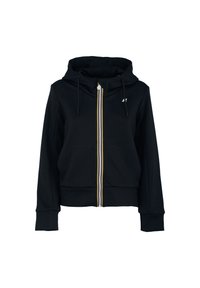 Felpa nera con zip e design aderente, cappuccio con cordino e dettagli della zip in contrasto giallo e blu. Presenta un tessuto testurizzato e polsini a coste.