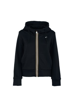 Felpa nera con zip e design aderente, cappuccio con cordino e dettagli della zip in contrasto giallo e blu. Presenta un tessuto testurizzato e polsini a coste.