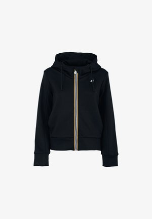Felpa nera con zip e design aderente, cappuccio con cordino e dettagli della zip in contrasto giallo e blu. Presenta un tessuto testurizzato e polsini a coste.
