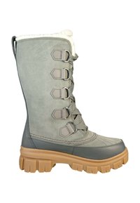 Grijs suède laarzen tot de kuit met een nepbonten voering, ronde veterhaakjes en een tan rubberen zool met een gestructureerd loopvlak.