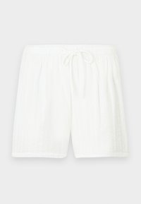 Hvide bomuldsshorts med elastisk talje og snøre. Har et tekstureret mønster med lodrette striber og sidelommer.