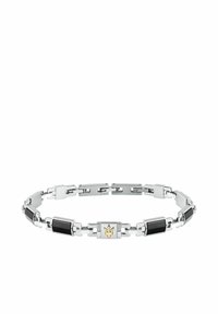 Silverfärgad metallarmband med rektangulära svarta detaljer och en gyllene emblem i mitten, med en slät och polerad yta.