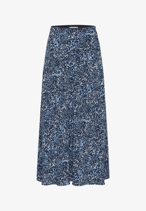 Gaisa plāna, līdz ceļgaliem garuma svārki ar tumši zilu pamatu un izkaisītu gaiši zilu un baltu abstraktu rakstu, izgatavoti no mīksta auduma.