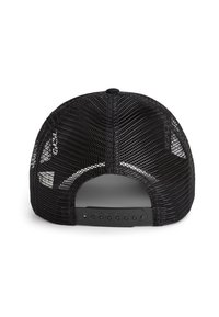 Gorra de béisbol de malla negra con visera curva, cierre ajustable de tipo snapback y parte trasera ventilada para mayor transpirabilidad.