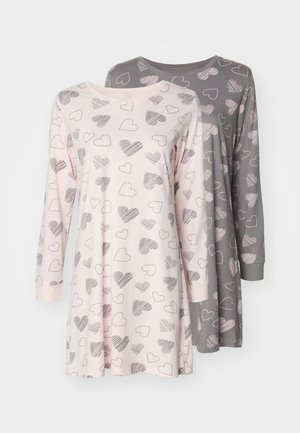 Two long-sleeve, knee-length nightgowns. One is light pink with gray heart patterns; the other is dark gray with lighter heart designs.