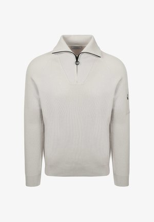Hellgrauer gestrickter Pullover mit einem Halb-Reißverschluss-Kragen, geripptem Muster und einem V-Ausschnitt. Mit einem kleinen Logo auf dem linken Ärmel.