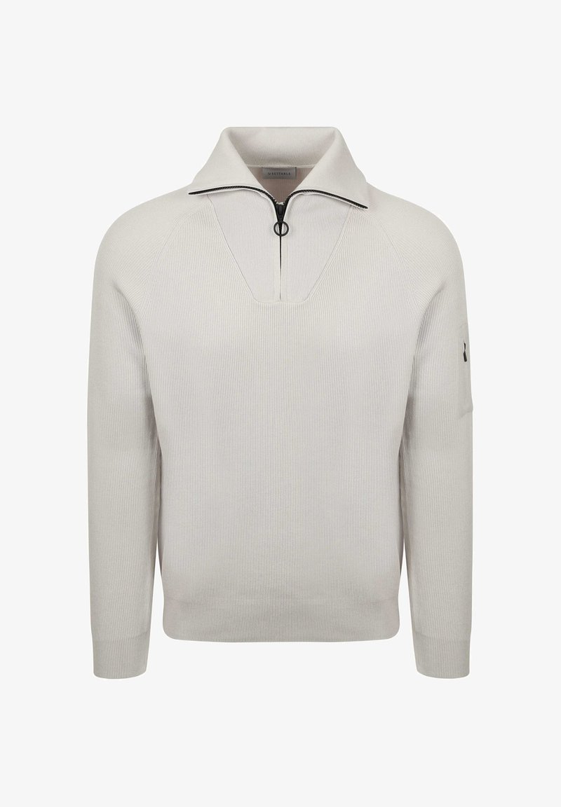 Lichtgrijze gebreide pullover met een half-rits kraag, geribbelde textuur en een v-hals opening. Heeft een klein logo op de linker mouw.