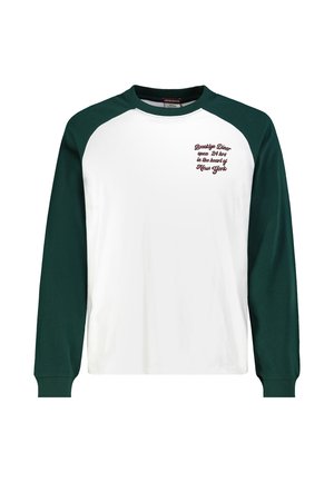 Long-sleeve white shirt with dark green raglan sleeves and collar, featuring red text on the left chest reading Brooklyn Diner open 24 hrs.