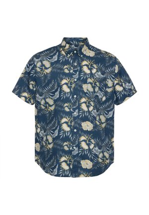 Kurzarmhemd aus dunkelblauem Stoff mit einem floralen Muster aus gelben und grauen Blumen sowie grünen Blättern. Mit Button-down-Kragen und Tasche.