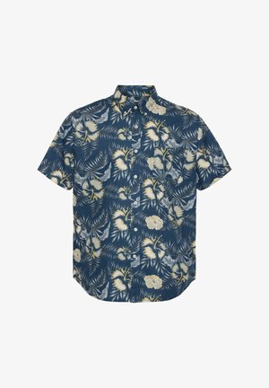 Kurzarmhemd aus dunkelblauem Stoff mit einem floralen Muster aus gelben und grauen Blumen sowie grünen Blättern. Mit Button-down-Kragen und Tasche.