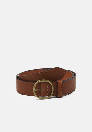 Brown leather belt with a round brass buckle, featuring a smooth texture and contrasting stitching along the edges.