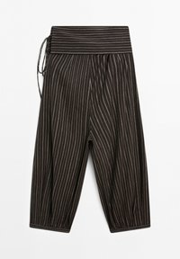 Black cropped pants with white pinstripes, wide waistband, and side tie detail, displayed flat on a white background.