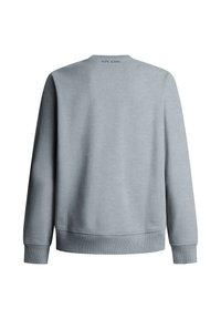 Šedá mikina vyrobená z mäkkého materiálu, s okrúhlym výstrihom, rebrovanými manžetami a logom vyšitým na chrbte. Klasický strih a minimalistický dizajn.