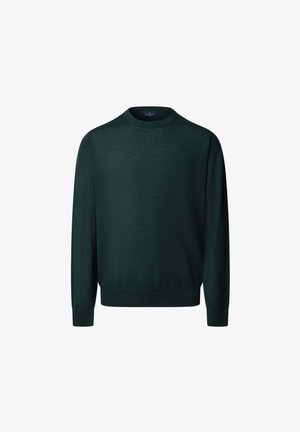 Tmavě zelený svetr s kulatým výstřihem vyrobený z lehkého pleteného materiálu. Má dlouhé rukávy a přiléhavý pas. Jednoduchý, jednobarevný design.