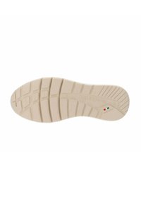 Semelle en caoutchouc beige clair avec des motifs texturés pour une meilleure traction, arborant un logo et une étiquette "Fabriqué en Italie" en rouge, vert et blanc.