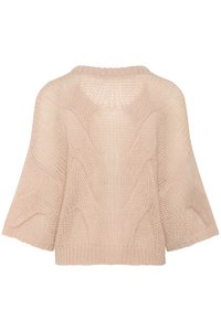 svetloružový pletený pulóver so voľným strihom, širokými rukávmi a textúrovanými vlnovými vzormi. Má okrúhly výstrih a rebrovaný lem.