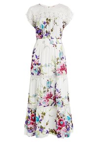 Blomster maxi kjole i hvidt stof med levende rosa, blå og grønne print. Har blonde detaljer og en smocket talje for facon.