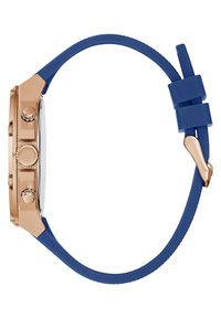Analog Uhr mit einem Gehäuse aus roségoldfarbigem Edelstahl, blauem Silikonarmband und drei Druckknöpfen. Sie verfügt über ein klaren Glaszifferblatt und eine Schnallenverschlus.