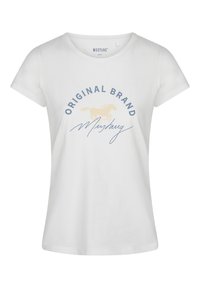 Witte katoenen t-shirt met korte mouwen, versierd met blauwe en beige bedrukte tekst: "ORIGINAL BRAND" en een rennend paardenlogo.