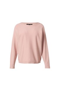 Light pink long-sleeve sweater with a wide neckline and relaxed fit. Soft texture and ribbed cuffs enhance the overall design.