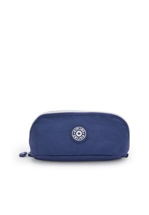 Blue nylon pencil case with rounded shape, white zip, and circular logo on the front. Smooth texture, compact size for stationery storage.