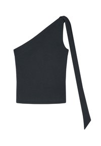 Asymmetrische zwarte top van zacht materiaal, met een off-shoulder ontwerp en een geknoopte accent op de schouder, en een getailleerde pasvorm.