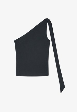 Asymmetrische zwarte top van zacht materiaal, met een off-shoulder ontwerp en een geknoopte accent op de schouder, en een getailleerde pasvorm.