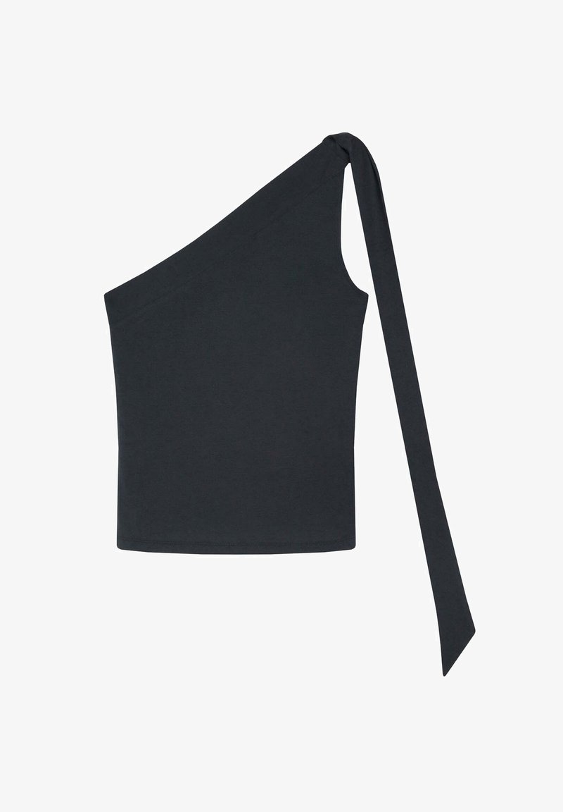 Asymmetrical black top made from soft fabric, featuring a one-shoulder design with a tied accent on the shoulder and a fitted silhouette.