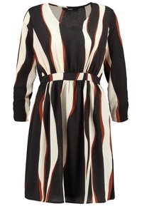 Kleid mit einem Wellenmuster in Schwarz, Creme und Rost, mit V-Ausschnitt, langen Ärmeln und elastischem Bund für eine schmeichelhafte Form. Leichter Stoff.