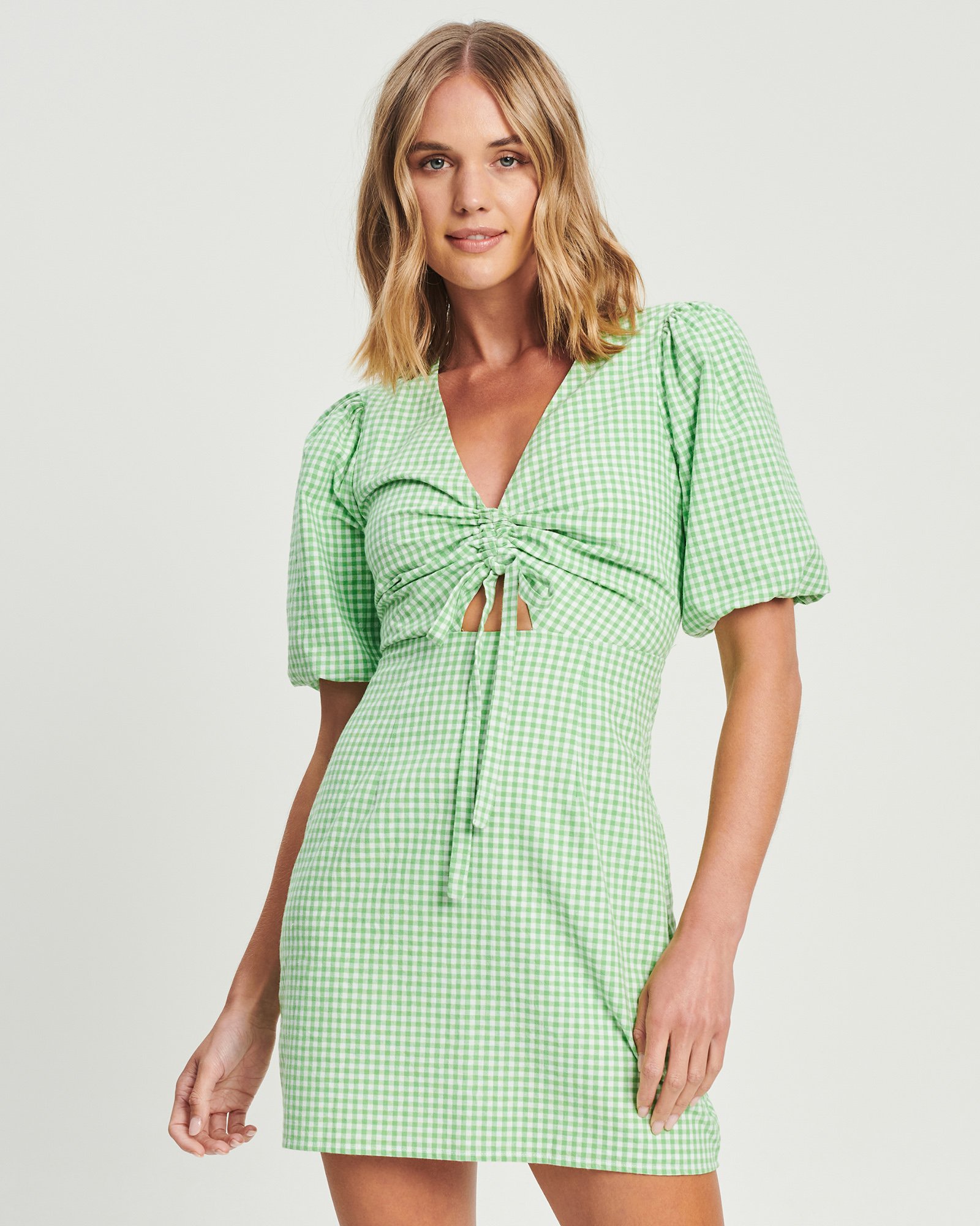 green emerald velvet dress Everly Mini Dress ~ Field Green Gingham – Show Me Your Mumu main image 0