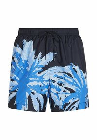 Costume da bagno neri con grandi motivi di foglie di palma blu e azzurro. Realizzati in tessuto leggero, con vita elastica e cordoncino.