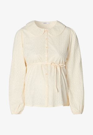 Cremfarbene Bluse mit großem, rundem Kragen, strukturiertem Stoff, Knopfleiste, elastischen Bündchen und einem Taillenzug für eine verstellbare Passform.