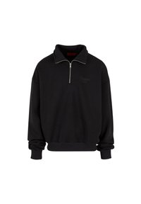 Svart genser i bomullsblanding, med kvart glidelås, ribbestrikkede mansjetter og liv, samt subtil brodert merkevarelogg på brystet.