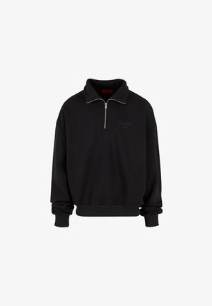 Fekete pulóver, pamut keverékből készült, negyed cipzárral, bordázott kézelőkkel és derékrésszel, diszkrét hímzett logóval a mellrészen.