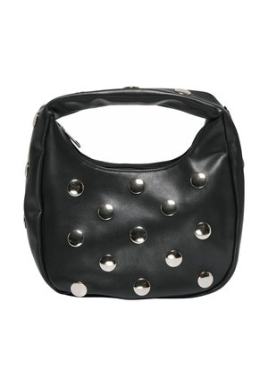 Sac à main en cuir noir avec une poignée courte, décoré de grosses clous ronds en argent uniformément espacés sur le devant.