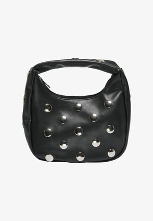 Sac à main en cuir noir avec une poignée courte, décoré de grosses clous ronds en argent uniformément espacés sur le devant.