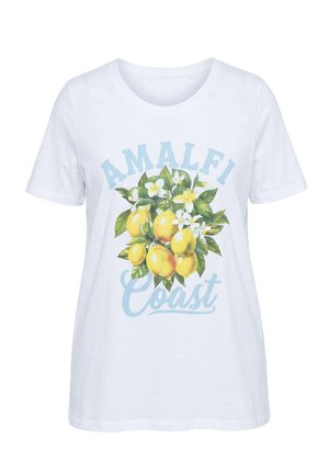 Biały T-shirt z napisem „Amalfi Coast” oraz grafiką żółtych cytryn i zielonych liści z białymi kwiatami na środku.