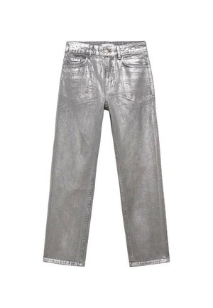 Jeans metalici argintii cu un design cu croi drept, cinci buzunare și închidere cu nasture. Textură netedă cu un finisaj lucios.