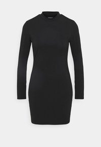 Pitkähihoinen musta mekko, jossa on korkea kaulus, vartalonmyötäinen istuvuus, valmistettu sileästä ja joustavasta kankaasta, ilman näkyviä kuvioita tai metalliosia.