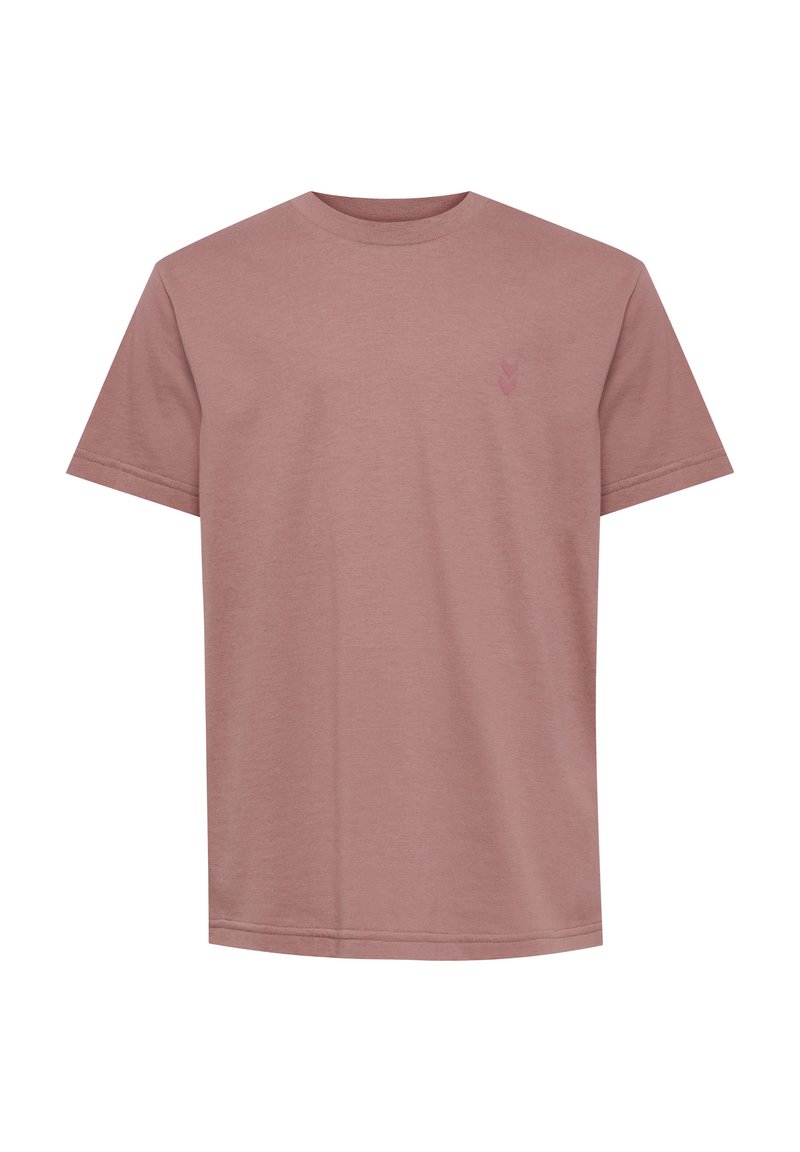 T-shirt z krótkim rękawem w kolorze przybrudzonego różu, wykonany z miękkiej bawełny, z okrągłym dekoltem i małym logo na piersi. Gładka tekstura.