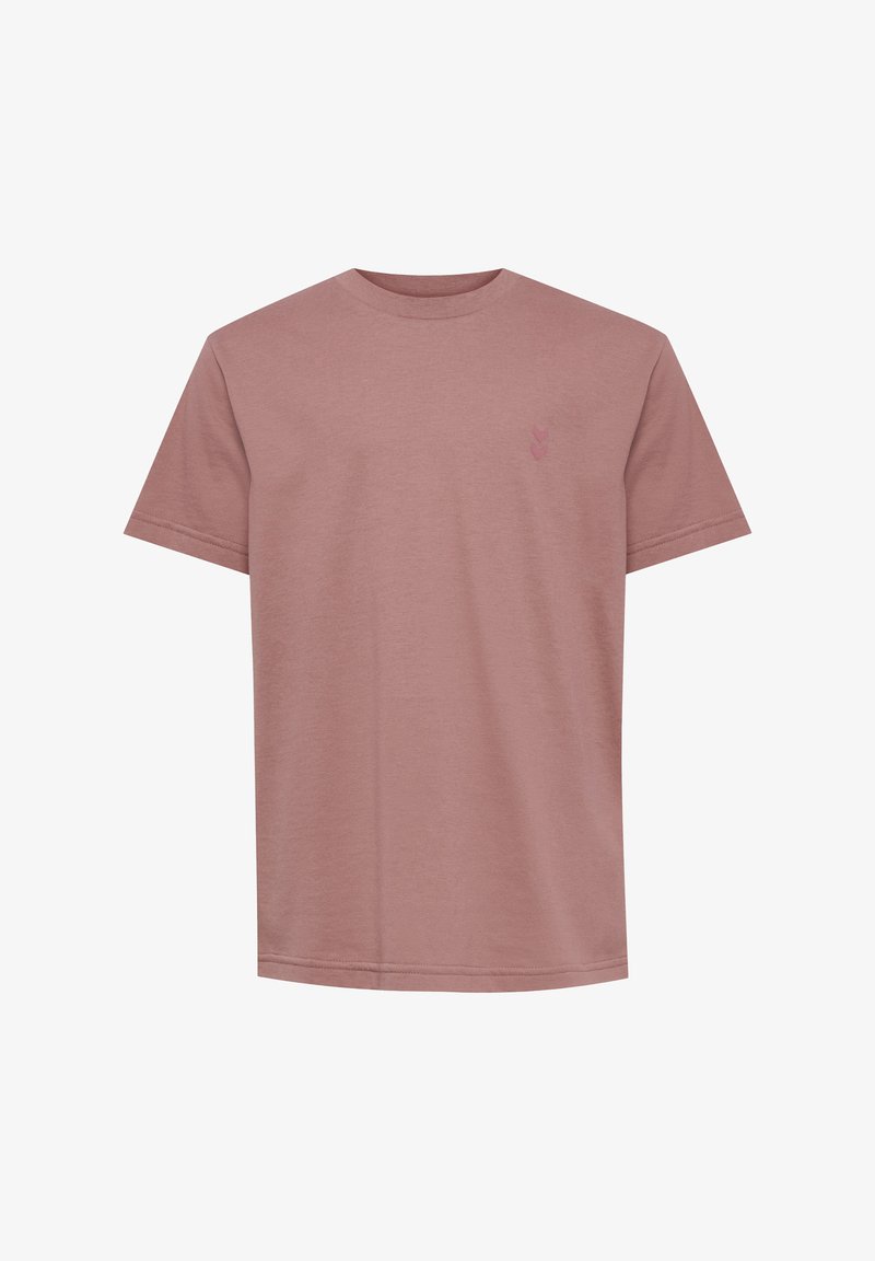 Korte mouwen t-shirt in stoffige rozenkleur, gemaakt van zachte katoen, met een ronde hals en een klein logo op de borst. Soepele textuur.