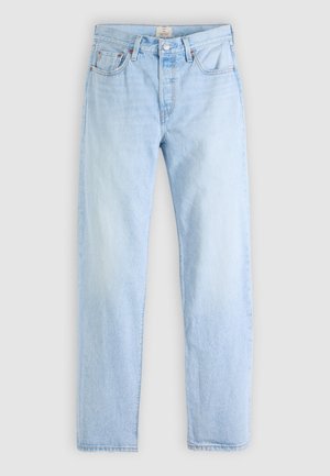 Lyseblå denimjeans med lige ben, fem lommer og en klassisk lukning med knap og lynlås. Blød tekstur, minimal falmning.